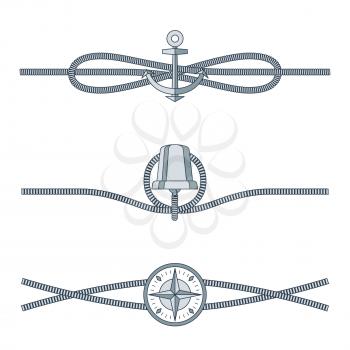 Rope knots collection with decorative elements on white background. Vector illustration of marine cordage unit with mariner s compass, silver bell and submarine anchor. Drawn pattern nautical style.