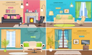 Apartment interiors web banners set. Elegant living room interiors with comfortable furniture, pictures on walls and plants flat vector. Classic appartment decoration style illustration