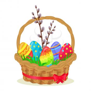Colorful eggs, brench of willow, green grass in wicker basket isolated on white. Vector illustration of brown pannier with red ribbon on Easter holiday. Festive balls decorated various dots and lines.