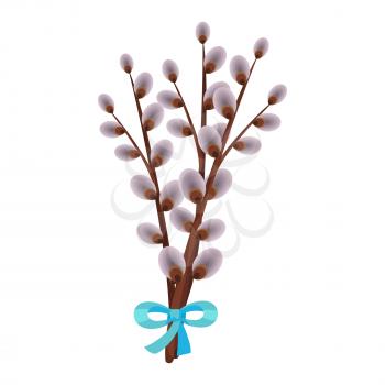 Branches of flowering willow gathered in beautiful bouquet isolated on white. Spring flavour decorated blue bow. Vector illustration of Easter flower and accessories. Drawn icon cartoon flat design.