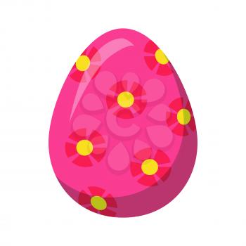 Easter egg isolated on white background. Holiday mascot oval shape, pink egg decorated with red flowers with yellow center. Vector illustration of chocolate sweet candy present in cartoon style