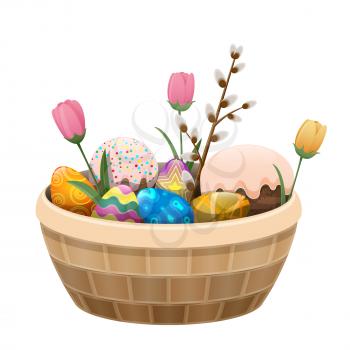 Basket of Easter attributes isolated on white background. Willow branch, sweet Easter cake, painted eggs with different patterns and colorful pastel tulips. Holiday composition vector illustration