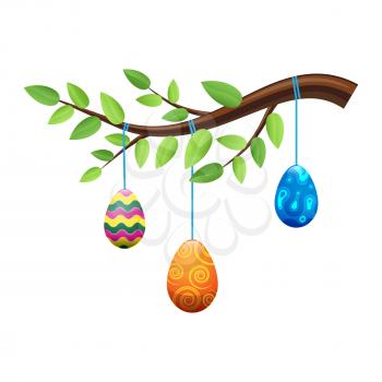 Easter eggs with wavy, curly and abstract ornament hang on branch with leaves isolated on white background. Religious holiday symbols vector illustration. Traditional celebration edible attributes.