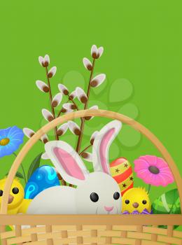 Set of white rabbit, yellow chicken, willow branch, spring flowers and colored eggs. Easter symbols laying in wicker basket. Vector illustration isolated on green graphic icon flat art design.