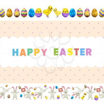 Happy easter vector flyer. Funny cute bunnies jumping around, little chicken in eggshell, painted colorful eggs vector on white. Easter festive concept for wrapping paper, greeting card design