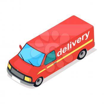 Red truck of delivery cartoon style flat design isolated on white. Capacious car with text and yellow thin stripe. Vector illustration of means of transportation for shipping by earth icon web banner.