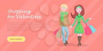 Beautiful woman with colorful paper bags and man vector illustration. Holiday Valentine shopping flat concept. Couple cartoon character make purchases icon. Buyer girl and boy on Valentines sale