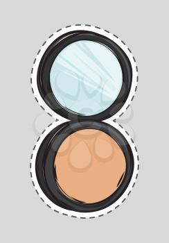 Makeup powder in black round plastic case with mirror. Cut it out. Female cosmetics for face. Natural colour. Cartoon design. Fashion. Useful thing for women. Fashion. Foundation. Flat style. Vector