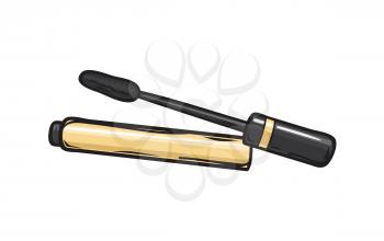 Black mascara in open gold tube with brush beside isolated on background. Eyes liquid appliance to make eyelashes longer, brighter and thicker. Make up beauty tool vector illustration.