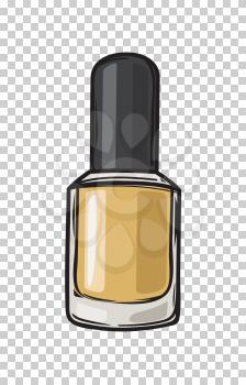Gold nail varnish in bottle with black lid isolated on transparent background. Fashionable and glamorous nail polish for elegant manicure vector illustration. Modern trendy beauty tool image.