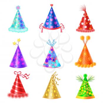 Set of different festive caps in cartoon style on white background. Triangular hood various colors with buboes and stars vector illustration flat design. Accessory for children birthday celebration