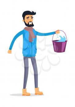 Cartoon man with bucket full of water isolated on white. Young smiling male person with black hair and wearing blue jacket, grey trousers, beige shoes and light brown scarf holds pail. Vector
