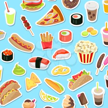 Fast and junk kinds of food scattered on blue background. Vector poster of pizza pieces, round sushi, pop corn, hot dog, ice cream on stick and in cone, drinks in covered cups with straws and doughnut