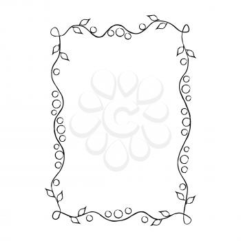 Black thin frame with floral ornament isolated on white background. Elegant wavy framing vector illustration. Vintage drawn framework with rounded angles, small leaves outline and triple circles.