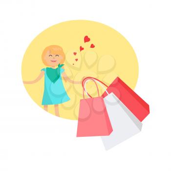 Happy blond young girl happy to receive presents in pink and white bags in yellow circle isolated on white background. Gifts for Friendship Day. Cheerful female character shopping vector illustration.