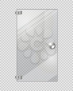 Transparent door isolated on grey checkered background. Vector illustration of isolated clear glass door with long doorhandle. Mock up decorative object of shops, boutiques for entrance and exit