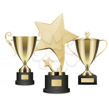 Golden rewards vector realistic collection on white. Three prizes for winners in shapes of stars and deep cups, open and with cover on black stands isolated. Metal trophy awards colorful poster.