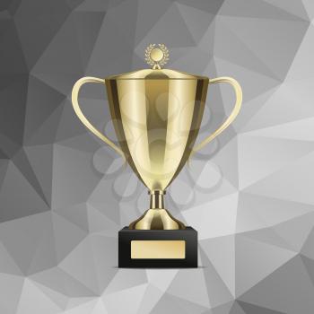 Golden shiny trophy cup for win with cover isolated on abstract background. Tournament prizes for first place vector illustration. Goblet for contest participation. Award for outstanding achievement.