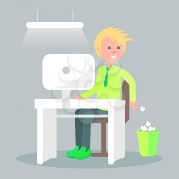 Cartoon male character sits at table with computer screen and throw unnecessary paper into waste bin. Vector illustration of comfortable work process. Man does his job in cozy office in flat style
