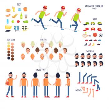 Animated character set human body parts and rest things. Vector poster of moving boy signs, sport equipment, colored hairstyles, bent arms and legs, emotions on faces and man in casual clothes