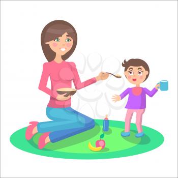 Young mother with a bowl full of porridge feeds baby boy, who stands on rug and holds cup on white background. Illustration of motherhood. Cartoon family moment vector illustration for Mother day.