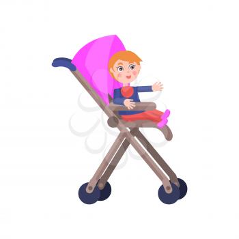 Toddler with red hair sits in pink baby carriage, smiles and lend hand on white background. Cartoon toddler icon. Happy childhood. Mother Day toddler collection isolated vector illustration.
