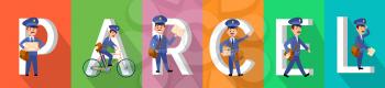 PARCEL colourful banner with postman character set in service. Vector illustration of fast and save delivery by friendly mailmen riding bike, carrying envelopes and parcels in front of huge letters