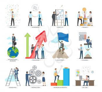 Successful business making concept vector poster. People working together and along, creating good ideas, making agreements, planning deals and searching new opportunities, increasing profits