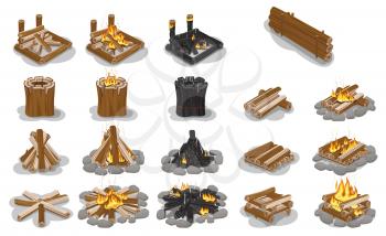 Tourist campfire types collection with flame on white. Vector set of fireplace of firewood and stumps in flat style. Bonfire making steps, without flame, with fire and in black color with sparks