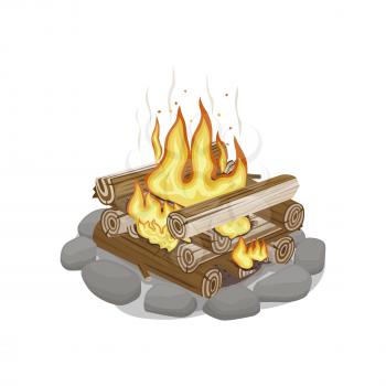 Start of firewood burning. Campfire bonfire surrounded by stones on white background. Firewood element with wood piles. Outdoor pastime on nature. Isolated vector illustration of fire in cartoon style