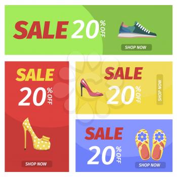 Shop now with 20 percent discount banners set. Summer sale in shoes store poster. Buy elegant stilettos, comfortable sneakers, summer flip-flops and stylish mules with 20 off, vector illustration.