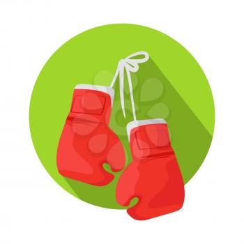 Boxing icon. Classic red boxing gloves hanging on a nail on green circle flat vector illustration isolated on white background. Sport inventory.  Fighting spirit. For games, sport stores app, web, design