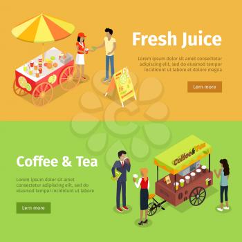 Fresh juice and coffee, tea umbrella carts on yellow and green backgrounds. Colourful stalls with collection of food and drinks, people that buy and sell products in hot summer weather in flat style.