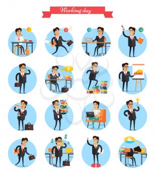 Working day busy template vector collection on white. Man work hard during day, earns money, present charts, have lunch, get ideas, win and exhausted dreams about holidays on tropical beach.