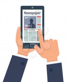 Man's hands looks at the latest news on smart on white background. Man in business suit holding a finger to read the news online using the Internet. Vector illustration business card design.