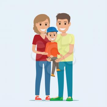 Married couple in casual cloth and little son on hands. Mother and father holding child hugging. Smiling parents and boy isolated. Man woman and child on white. Parenthood concept vector illustration