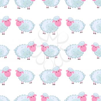 Seamless pattern of funny cute curly lamb or sheep flat vector cartoon sticker outlined with dotted line isolated on white background. Domestic animal or pet illustration for game counters, price tags