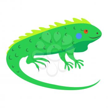 Cute funny green lizard iguana vector flat cartoon sticker isolated on white. Tropical reptile animal illustration for game counters, price tags