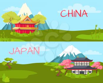 China and Japan vector illustration. Two landscapes Chinese house, green trees and grass, bamboo, snowy mountains and blue sky. Japanese house, cherry blossoms, bonsai tree, snowy mountain and blue sky.