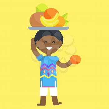 Smiling African boy holding fruit set on head and orange in hand isolated on yellow background. Vector illustration of life in Africa