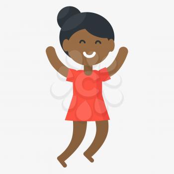 Smiling jumping girl isolated vector illustration on white background. Afro-american kid celebrates international day of the african child
