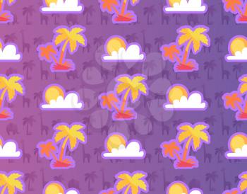 Exotic palm trees with african plants and animals, sun and clouds seamless pattern isolated on purple background. Vector illustration of africa wallpaper