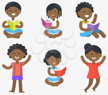 African children sit and read books in bright covers and stands with smiles isolated vector illustrations set on white background.