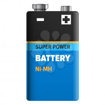 Super power battery isolated on white. Vector illustration of accumulator in blue and black colors. Nickel-metal hydride type of rechargeable battery, abbreviated NiMH or Ni-MH flat realistic design