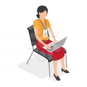 Female with badge sitting on black chair and working on laptop isolated on white. Woman dressed in yellow shirt, red midi skirt and black shoes. Web banner of business training vector illustration