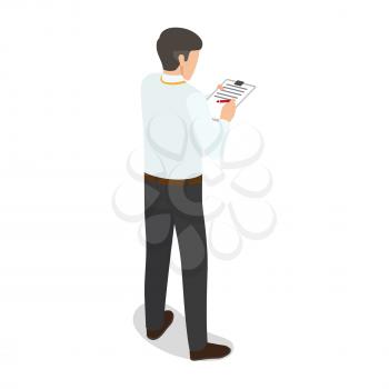 Office worker stands back and writes something isolated on white background. Vector illustration of employee, who makes notes. Person related to business does his job. Male cartoon faceless character.