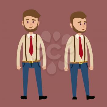 Bearded cartoon male character in red tie and jeans with suspenders isolated on light maroon background. Stylish modern man stands and smiles in full length and half turned vector illustration.