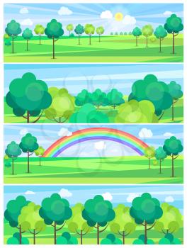 Park in summertime and nice weather condition with shining sun or rainbow vector colorful poster. Rest on fresh air template