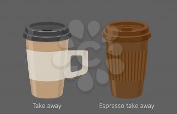 Espresso in paper cups with plastic lid and handle flat vector. Sweet invigorating drink with caffeine. Tasty coffee in take away disposable containers illustration for coffee house, cafe menus design