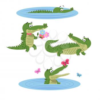 Cartoon crocodiles in water, with butterflies, with flowers in bow tie and in natural animal position isolated on white background. Lovely crocs in wildlife. Friendly reptiles vector illustration.